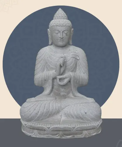 Product image of the product “Seated Buddha made of Riverstone in Dharmachakra gesture of wheel of the teaching of the Dharma, H. 80cm. ”